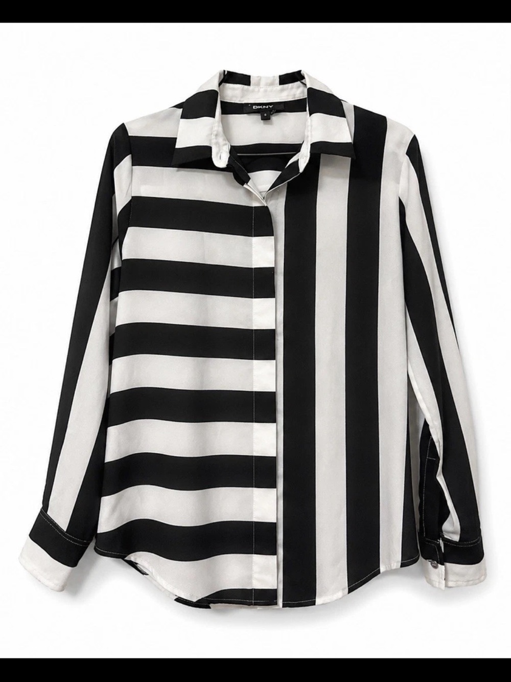 DKNY Black White Striped Button Up Blouse Womens Small Long Sleeve Top